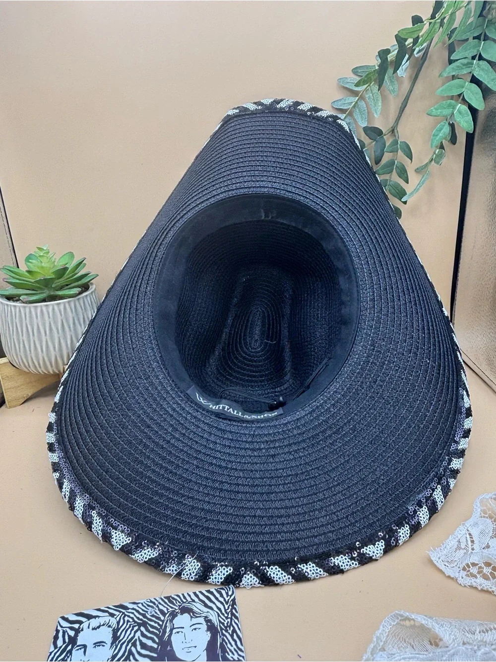 Whittall & Shon Black Silver Sequin Wide Brim Church Derby Statement Hat